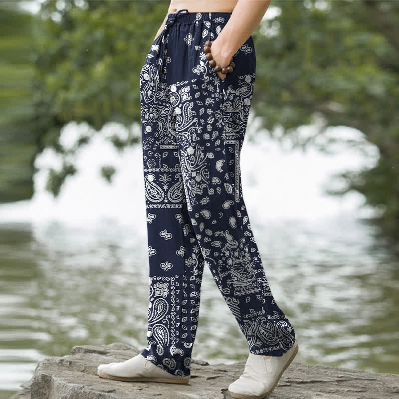 Buddha Stones Pantalon fuselé pour homme en coton à motif patchwork cachemire noir et blanc, avec poches - image 5