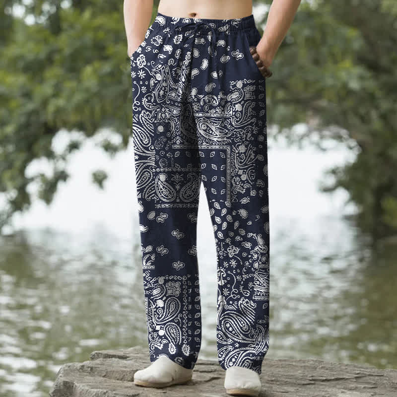 Buddha Stones Pantalon fuselé pour homme en coton à motif patchwork cachemire noir et blanc, avec poches - Marine - US/UK/AU50，EU60 (5XL) - image 4