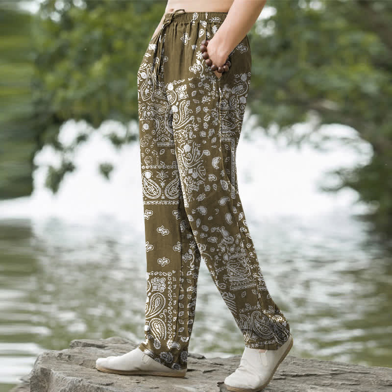 Buddha Stones Pantalon fuselé pour homme en coton à motif patchwork cachemire noir et blanc, avec poches - image 7
