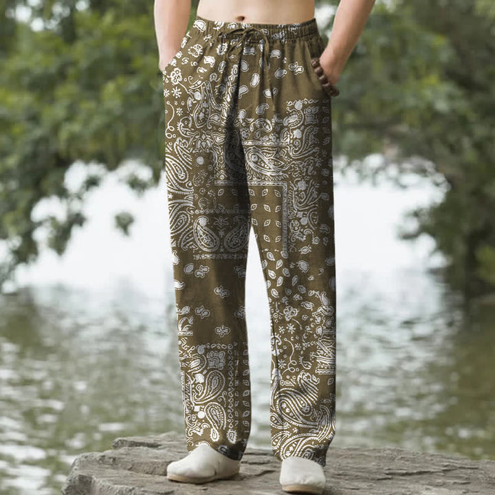 Buddha Stones Pantalon fuselé pour homme en coton à motif patchwork cachemire noir et blanc, avec poches - Vert olive - US/UK/AU50，EU60 (5XL) - image 6