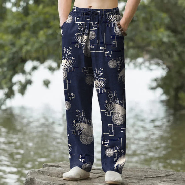 Buddha Stones Pantalon fuselé pour homme en coton à motif géométrique de plumes, avec poches - Marine - US/UK/AU50，EU60 (5XL) - image 0