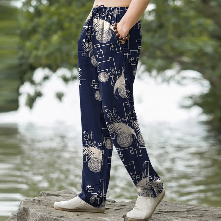 Buddha Stones Pantalon fuselé pour homme en coton à motif géométrique de plumes, avec poches - image 1