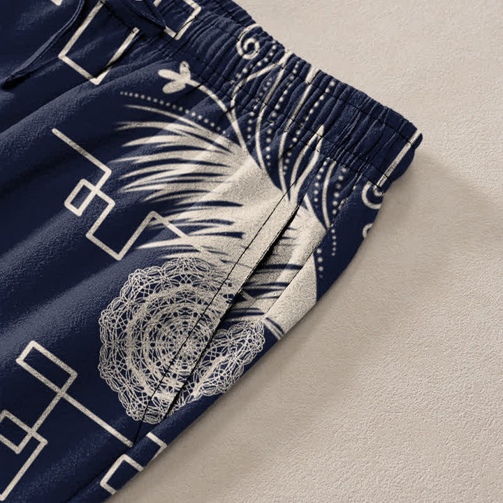 Buddha Stones Pantalon fuselé pour homme en coton à motif géométrique de plumes, avec poches - image 2