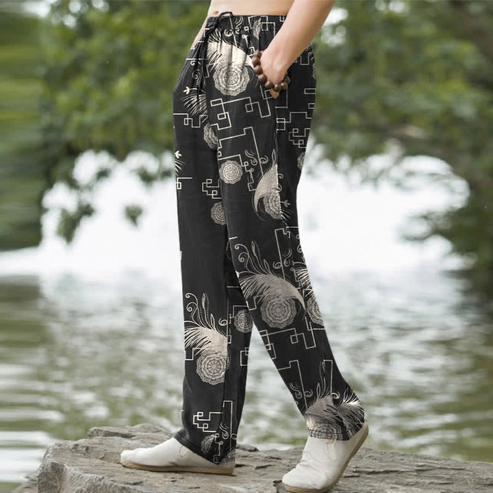 Buddha Stones Pantalon fuselé pour homme en coton à motif géométrique de plumes, avec poches - image 5