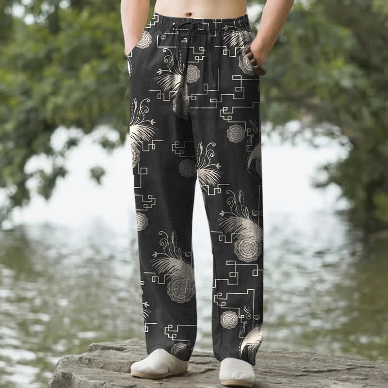 Buddha Stones Pantalon fuselé pour homme en coton à motif géométrique de plumes, avec poches - Noir - US/UK/AU50，EU60 (5XL) - image 4