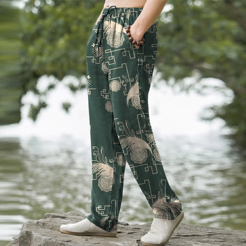 Buddha Stones Pantalon fuselé pour homme en coton à motif géométrique de plumes, avec poches - image 7