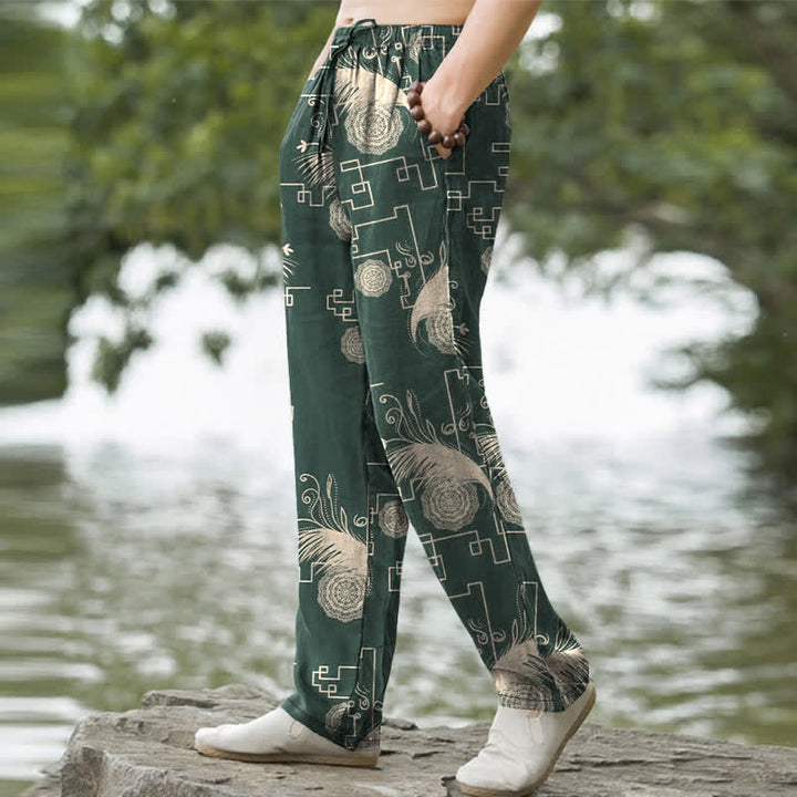 Buddha Stones Pantalon fuselé pour homme en coton à motif géométrique de plumes, avec poches - image 7