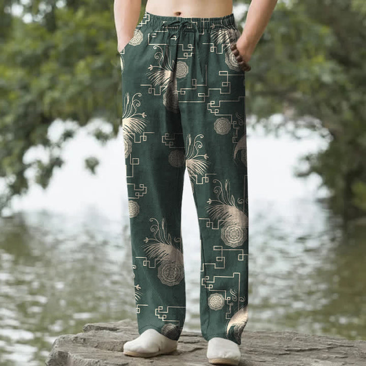 Buddha Stones Pantalon fuselé pour homme en coton à motif géométrique de plumes, avec poches - Vert forêt - US/UK/AU50，EU60 (5XL) - image 6