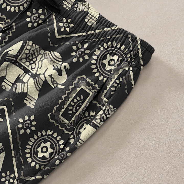 Buddha Stones Pantalon fuselé pour homme en coton ivoire à motif géométrique mandala éléphant, avec poches - image 2