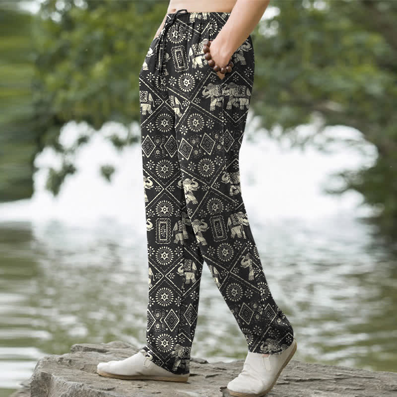 Buddha Stones Pantalon fuselé pour homme en coton ivoire à motif géométrique mandala éléphant, avec poches - image 1
