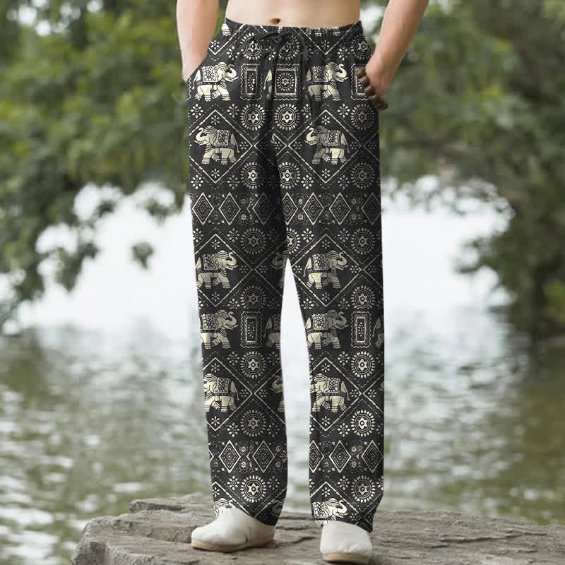 Buddha Stones Pantalon fuselé pour homme en coton ivoire à motif géométrique mandala éléphant, avec poches - Noir - US/UK/AU50，EU60 (5XL) - image 0