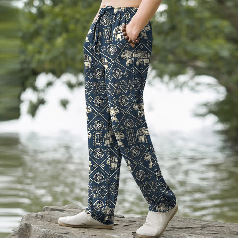 Buddha Stones Pantalon fuselé pour homme en coton ivoire à motif géométrique mandala éléphant, avec poches - image 5