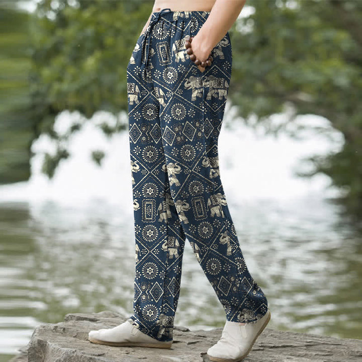 Buddha Stones Pantalon fuselé pour homme en coton ivoire à motif géométrique mandala éléphant, avec poches - image 5