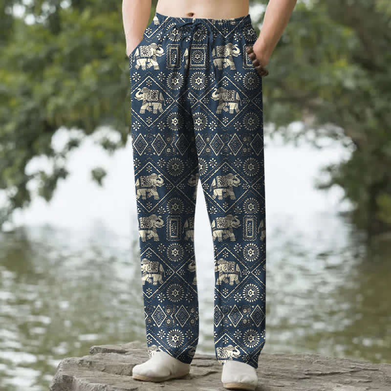 Buddha Stones Pantalon fuselé pour homme en coton ivoire à motif géométrique mandala éléphant, avec poches - Marine - US/UK/AU50，EU60 (5XL) - image 4