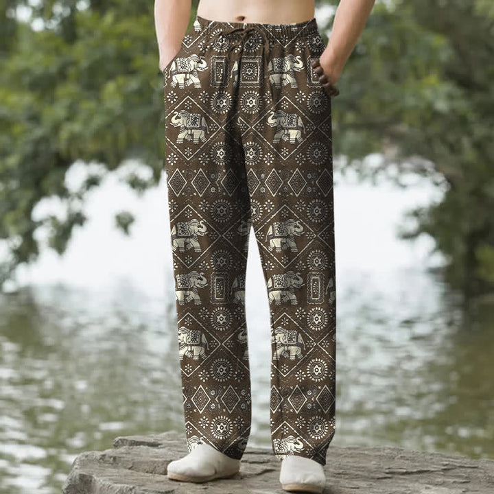 Buddha Stones Pantalon fuselé pour homme en coton ivoire à motif géométrique mandala éléphant, avec poches - SaddleBrown - US/UK/AU50，EU60 (5XL) - image 6