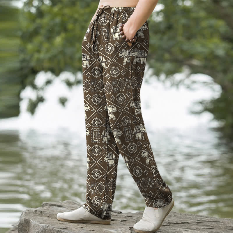 Buddha Stones Pantalon fuselé pour homme en coton ivoire à motif géométrique mandala éléphant, avec poches - image 7