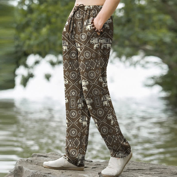 Buddha Stones Pantalon fuselé pour homme en coton ivoire à motif géométrique mandala éléphant, avec poches - image 7