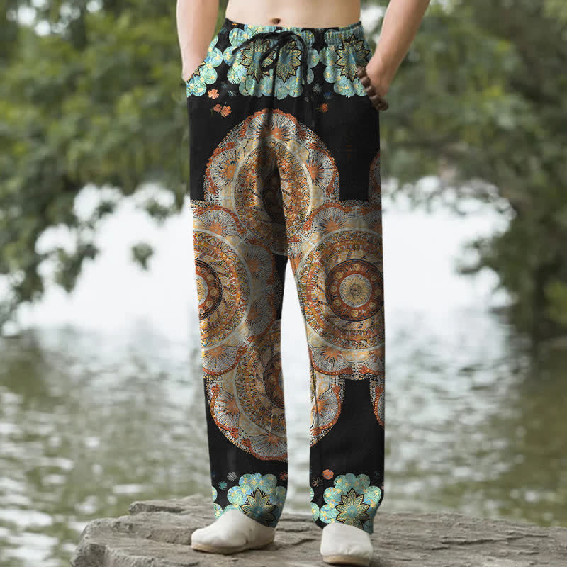 Buddha Stones Pantalon fuselé pour homme en pur coton à motif floral mandala et poches - Noir - US/UK/AU50，EU60 (5XL) - image 0