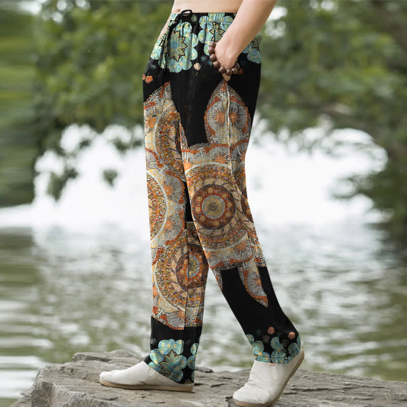 Buddha Stones Pantalon fuselé pour homme en pur coton à motif floral mandala et poches - image 1