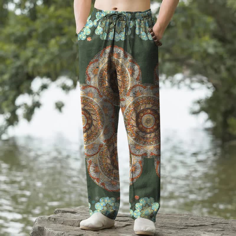 Buddha Stones Pantalon fuselé pour homme en pur coton à motif floral mandala et poches - Vert foncé - US/UK/AU50，EU60 (5XL) - image 4