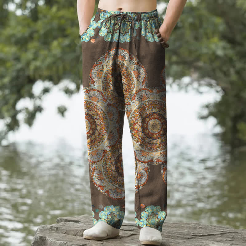 Buddha Stones Pantalon fuselé pour homme en pur coton à motif floral mandala et poches - Terre de sienne - US/UK/AU50，EU60 (5XL) - image 6