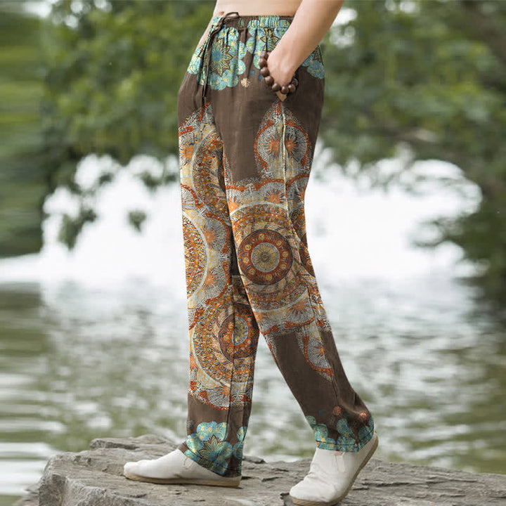 Buddha Stones Pantalon fuselé pour homme en pur coton à motif floral mandala et poches - image 7