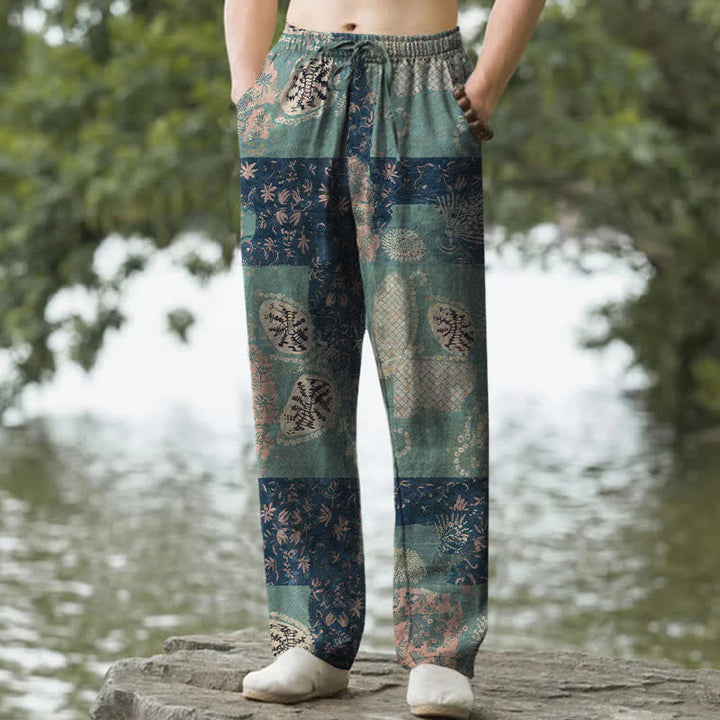 Buddha Stones Pantalon fuselé pour homme en coton patchwork à motif floral bohème avec poches - Vert d'eau - US/UK/AU50，EU60 (5XL) - image 0