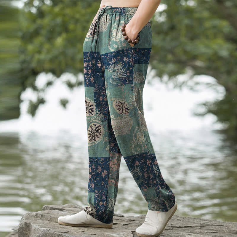 Buddha Stones Pantalon fuselé pour homme en coton patchwork à motif floral bohème avec poches - image 1