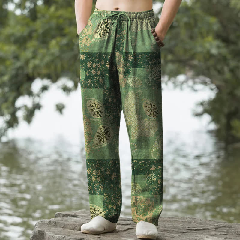 Buddha Stones Pantalon fuselé pour homme en coton patchwork à motif floral bohème avec poches - Vert olive - US/UK/AU50，EU60 (5XL) - image 4