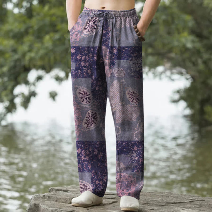 Buddha Stones Pantalon fuselé pour homme en coton patchwork à motif floral bohème avec poches - Indigo - US/UK/AU50，EU60 (5XL) - image 6