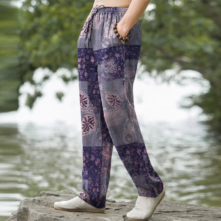Buddha Stones Pantalon fuselé pour homme en coton patchwork à motif floral bohème avec poches - image 7