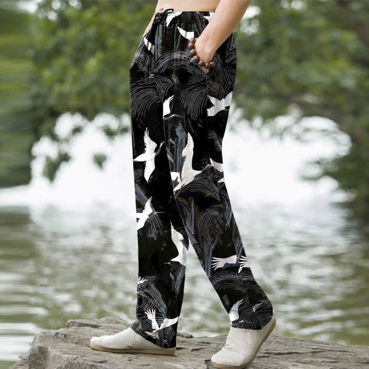 Buddha Stones Pantalon fuselé pour homme en coton blanc à motif de vagues d'encre et grues, avec poches - image 1