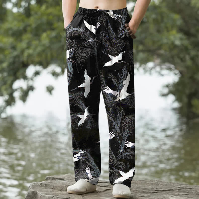 Buddha Stones Pantalon fuselé pour homme en coton blanc à motif de vagues d'encre et grues, avec poches - Noir - US/UK/AU50，EU60 (5XL) - image 0