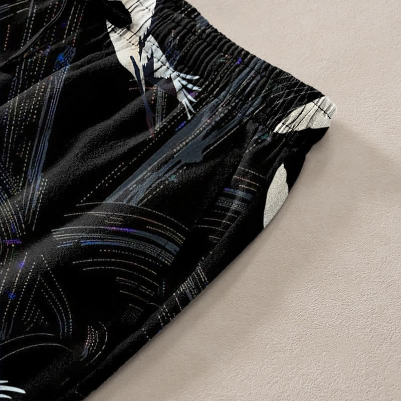 Buddha Stones Pantalon fuselé pour homme en coton blanc à motif de vagues d'encre et grues, avec poches - image 2