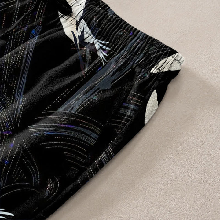 Buddha Stones Pantalon fuselé pour homme en coton blanc à motif de vagues d'encre et grues, avec poches - image 2
