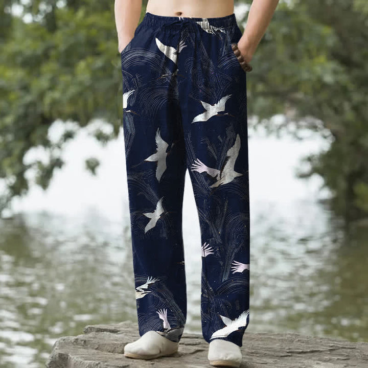 Buddha Stones Pantalon fuselé pour homme en coton blanc à motif de vagues d'encre et grues, avec poches - Marine - US/UK/AU50，EU60 (5XL) - image 4