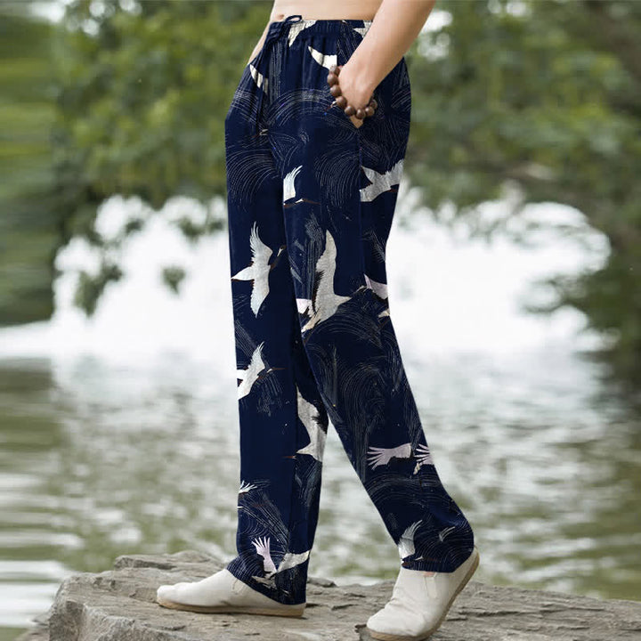 Buddha Stones Pantalon fuselé pour homme en coton blanc à motif de vagues d'encre et grues, avec poches - image 5