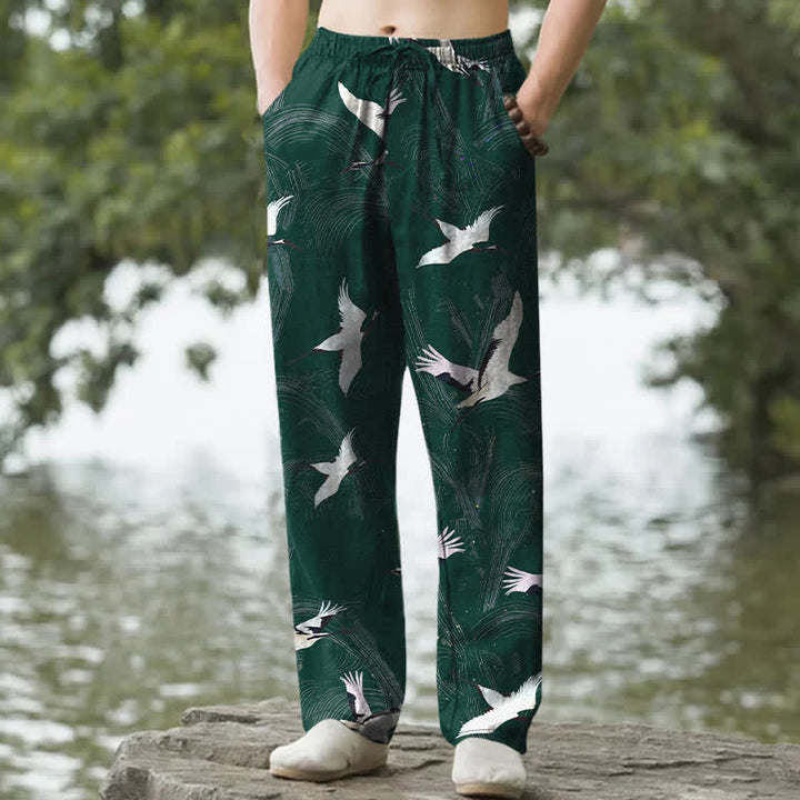 Buddha Stones Pantalon fuselé pour homme en coton blanc à motif de vagues d'encre et grues, avec poches - Vert forêt - US/UK/AU50，EU60 (5XL) - image 6