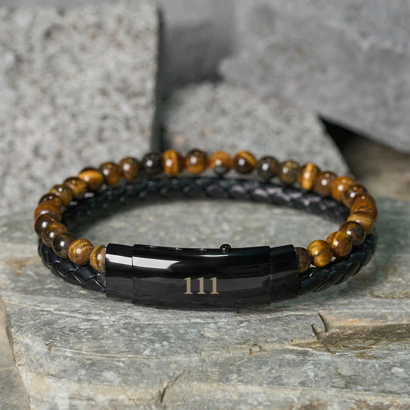 Buddha Stones Bracelet de foi en cuir double tour orné de chiffres angéliques œil de tigre et de motifs d'anges - Œil de tigre (Tour de poignet : 18-19 cm) - 111 - image 4