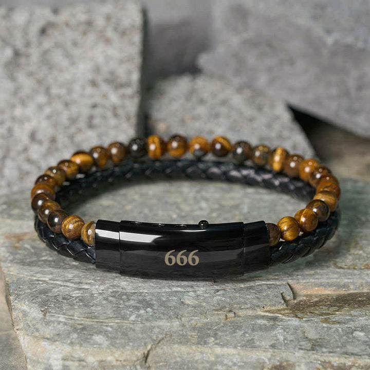 Buddha Stones Bracelet de foi en cuir double tour orné de chiffres angéliques œil de tigre et de motifs d'anges - Œil de tigre (Tour de poignet : 18-19 cm) - 666 - image 27