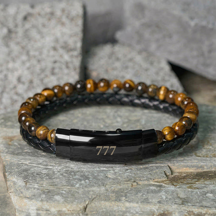 Buddha Stones Bracelet de foi en cuir double tour orné de chiffres angéliques œil de tigre et de motifs d'anges - Œil de tigre (Tour de poignet : 18-19 cm) - 777 - image 31