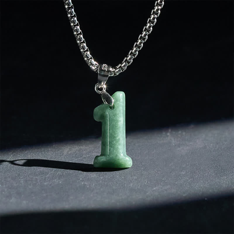 Buddha Stones Collier pendentif en jade et acier titane, chiffres angéliques naturels de 0 à 9, symbole de prospérité. Chaîne : chaîne en acier titane. - 1 - image 1
