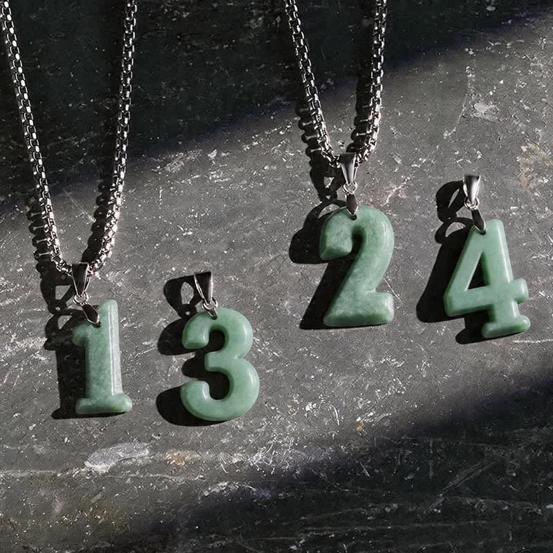 Buddha Stones Collier pendentif en jade et acier titane, chiffres angéliques naturels de 0 à 9, symbole de prospérité. Chaîne : chaîne en acier titane. - image 0