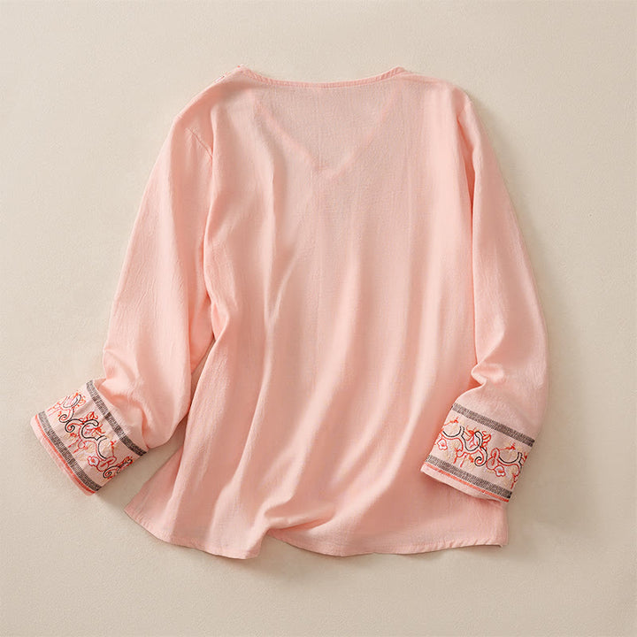 Chemise femme décontractée à manches longues, col en V et bretelles, ornée de fleurs brodées et de Buddha Stones - image 8