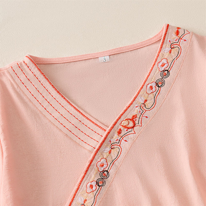 Chemise femme décontractée à manches longues, col en V et bretelles, ornée de fleurs brodées et de Buddha Stones - image 11