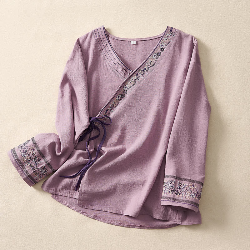 Chemise femme décontractée à manches longues, col en V et bretelles, ornée de fleurs brodées et de Buddha Stones - Orchidée - US8-10, UK/AU12-14, EU40-42 (3XL) - image 13