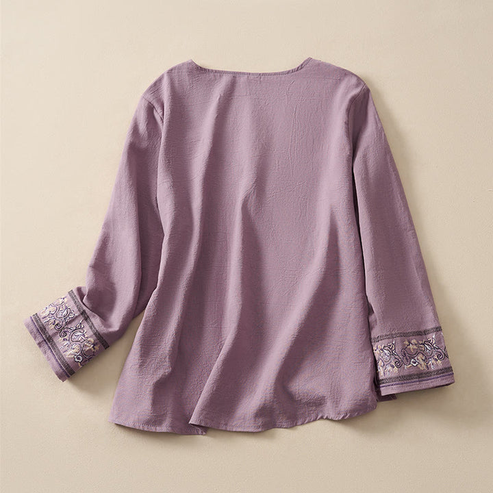 Chemise femme décontractée à manches longues, col en V et bretelles, ornée de fleurs brodées et de Buddha Stones - image 18