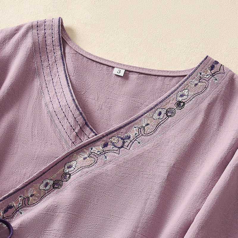Chemise femme décontractée à manches longues, col en V et bretelles, ornée de fleurs brodées et de Buddha Stones - image 16