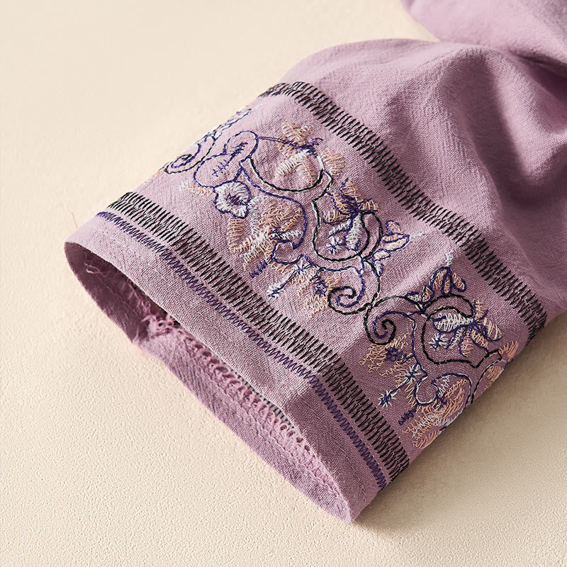 Chemise femme décontractée à manches longues, col en V et bretelles, ornée de fleurs brodées et de Buddha Stones - image 15