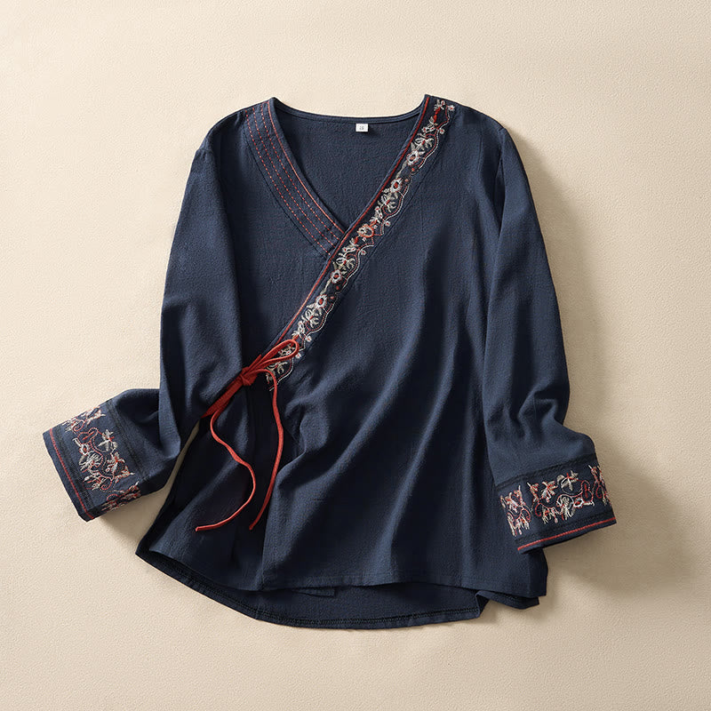 Chemise femme décontractée à manches longues, col en V et bretelles, ornée de fleurs brodées et de Buddha Stones - Marine - US8-10, UK/AU12-14, EU40-42 (3XL) - image 19